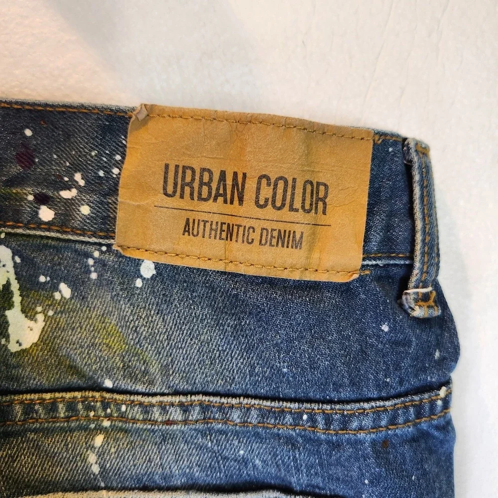 Urban Color Jeans Paint Splatter Distressed‎ Blue Denim Streetwear 36x32